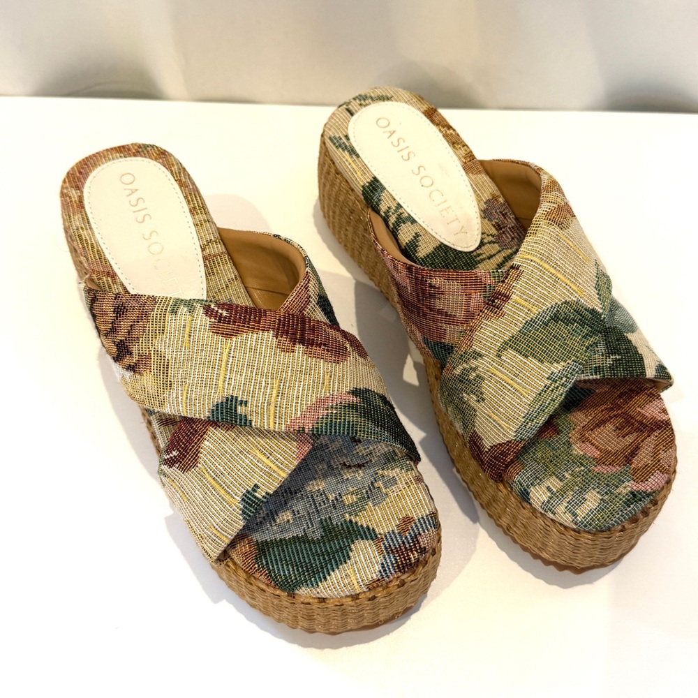 NWOT Oasis Society Platform Slide Sandals Floral Woven Size 8 Boho Chic - Picture 4 of 10